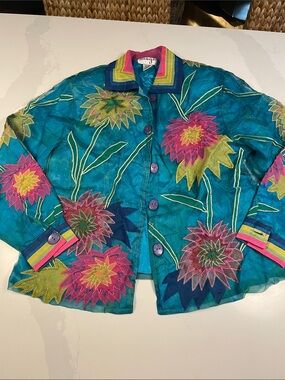 Funky artistic Vintage Silk Anage Colorful Teal Floral Embroidered Jacket